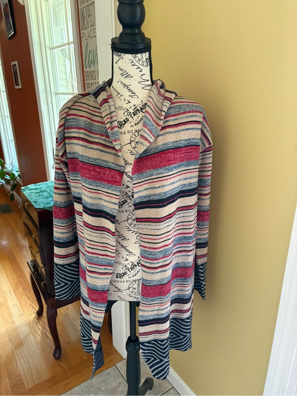 Janice One Size Hooded Waterfall Duster Cardigan – Burgundy/Cream Stripe – Boho